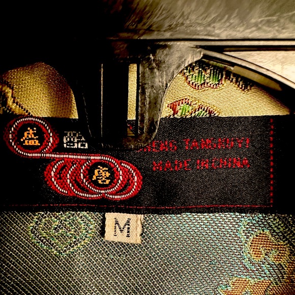 Oriental Gold Satin Dress Sz S  47” top of Shoulder to Bottom Hem - Picture 11 of 11